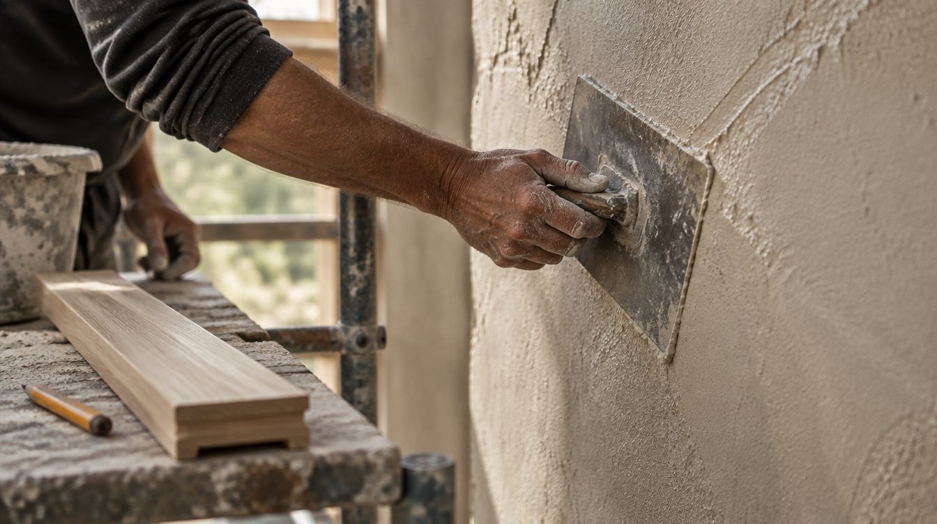A craftsman's hands troweling lime plaster onto a wall beside a white oak trim board