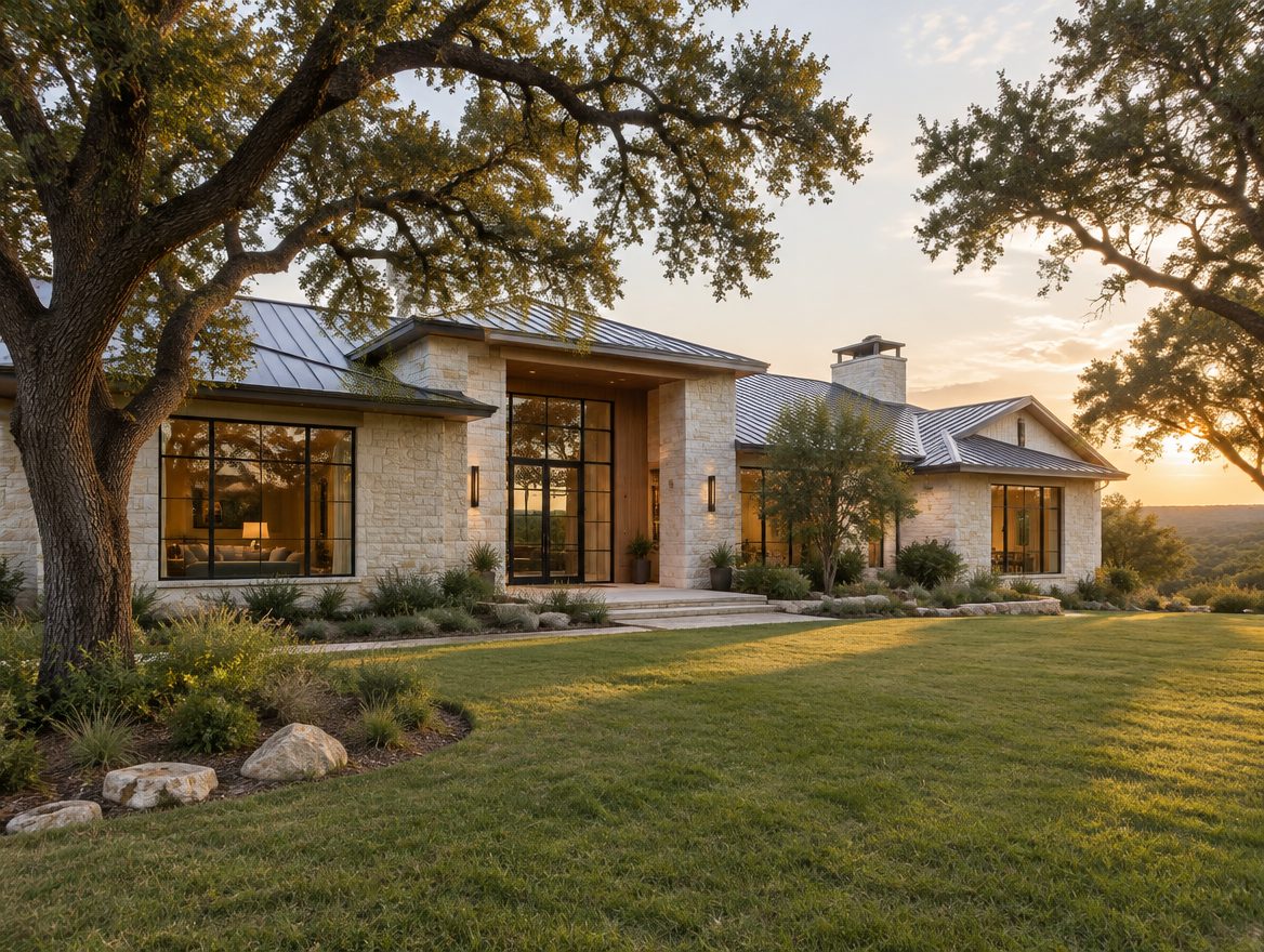 Limestone and white oak custom home at golden hour among live oak trees