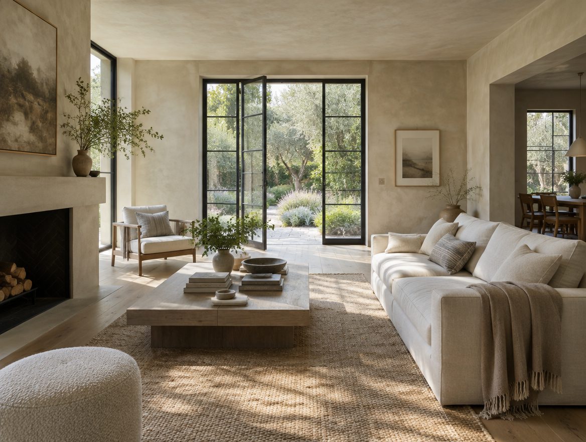 Remodeled living room with lime plaster walls, white oak floors and a blackened steel door to the garden