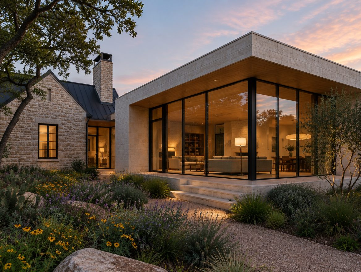 Modern limestone addition with steel windows attached to an older Texas stone house at dusk
