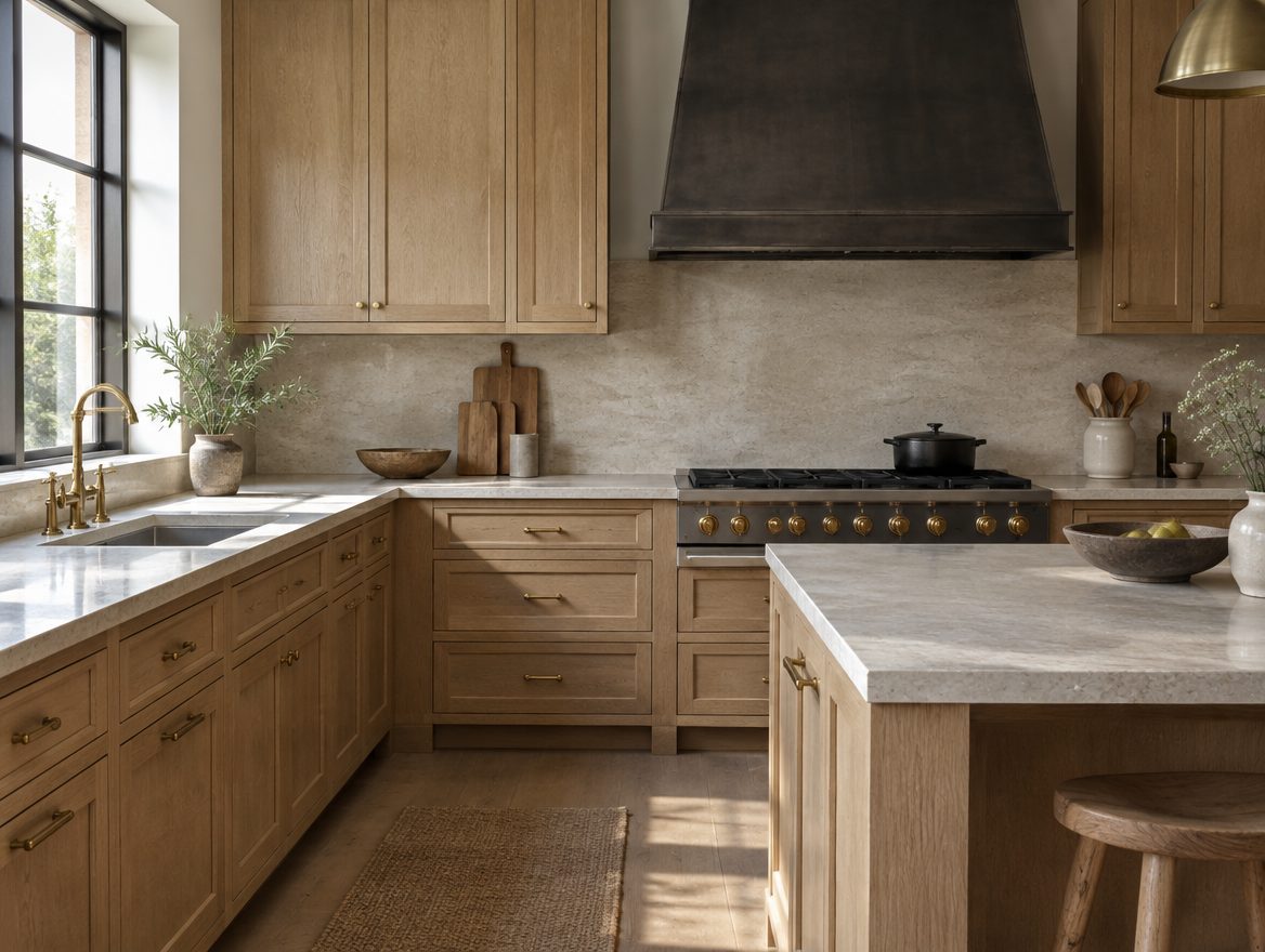 Kitchen with quarter-sawn white oak cabinets, limestone counters and a blackened steel hood