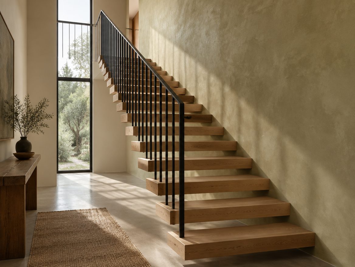 Floating white oak staircase with a slim blackened steel railing beside a plaster wall