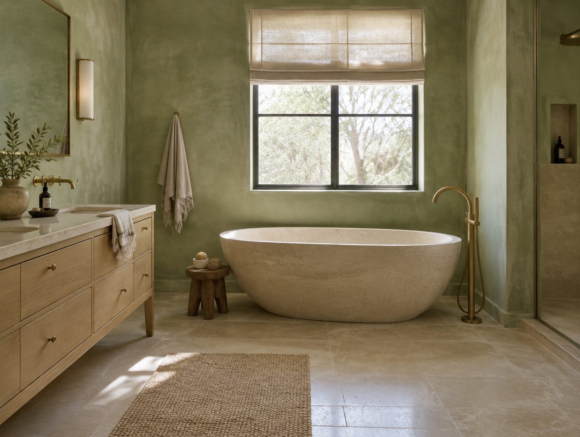 Primary bathroom with a stone tub, lime plaster walls and a brass tub filler