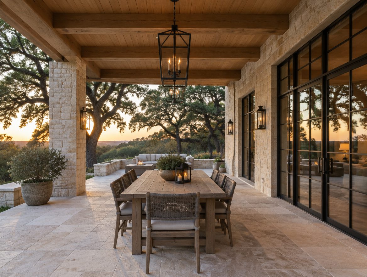 Covered limestone patio with beamed white oak ceiling and steel-framed doors at sunset