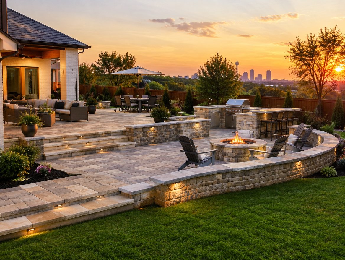 Multi-level backyard with paver patio, retaining wall, outdoor kitchen and fire pit at sunset