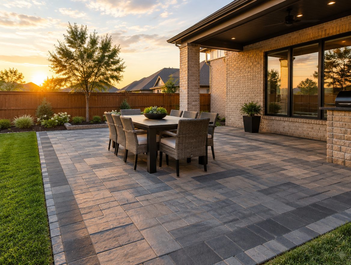 Charcoal and warm gray paver patio with outdoor dining set