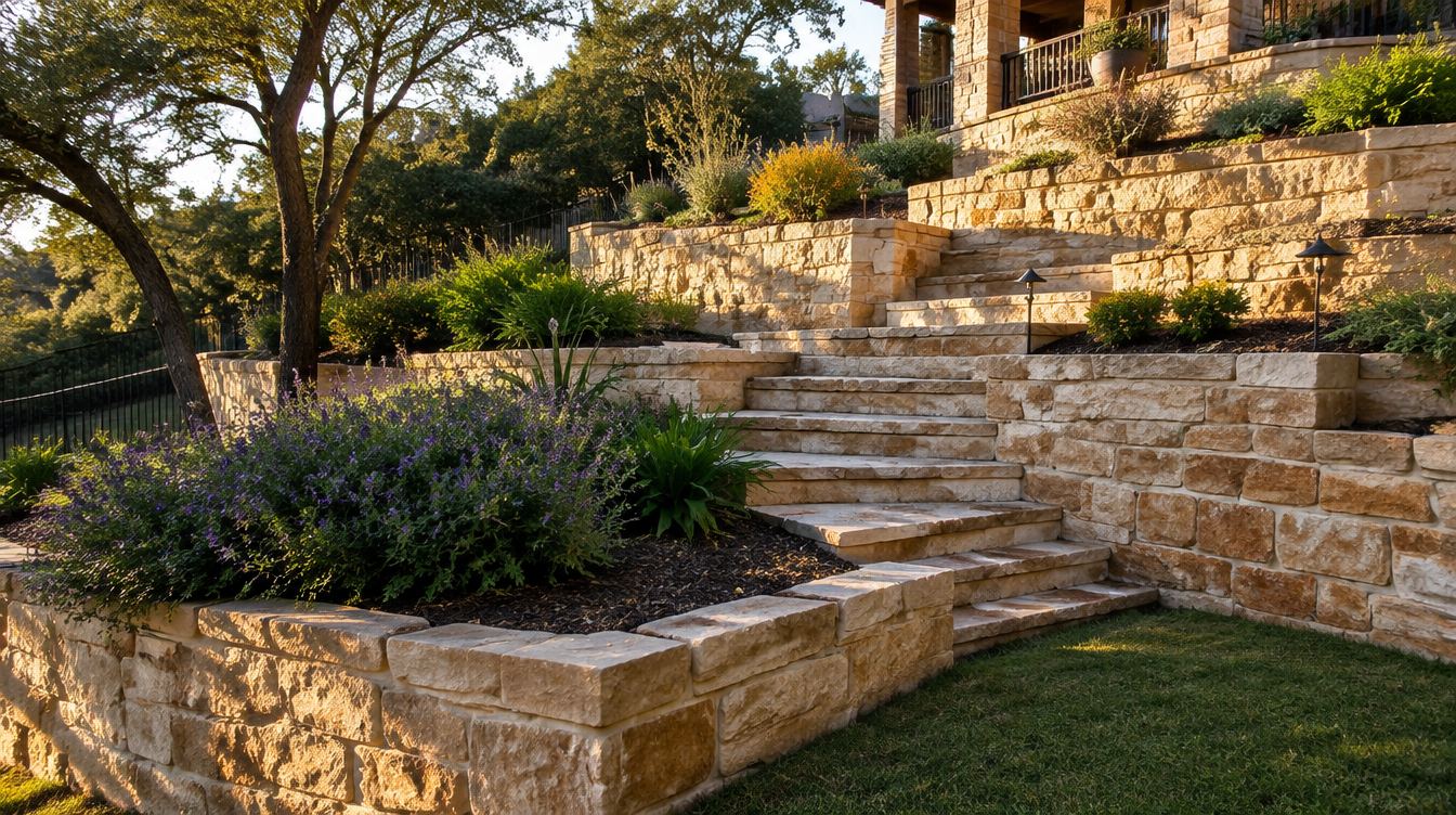 Tiered stacked-limestone retaining wall with steps and planting beds