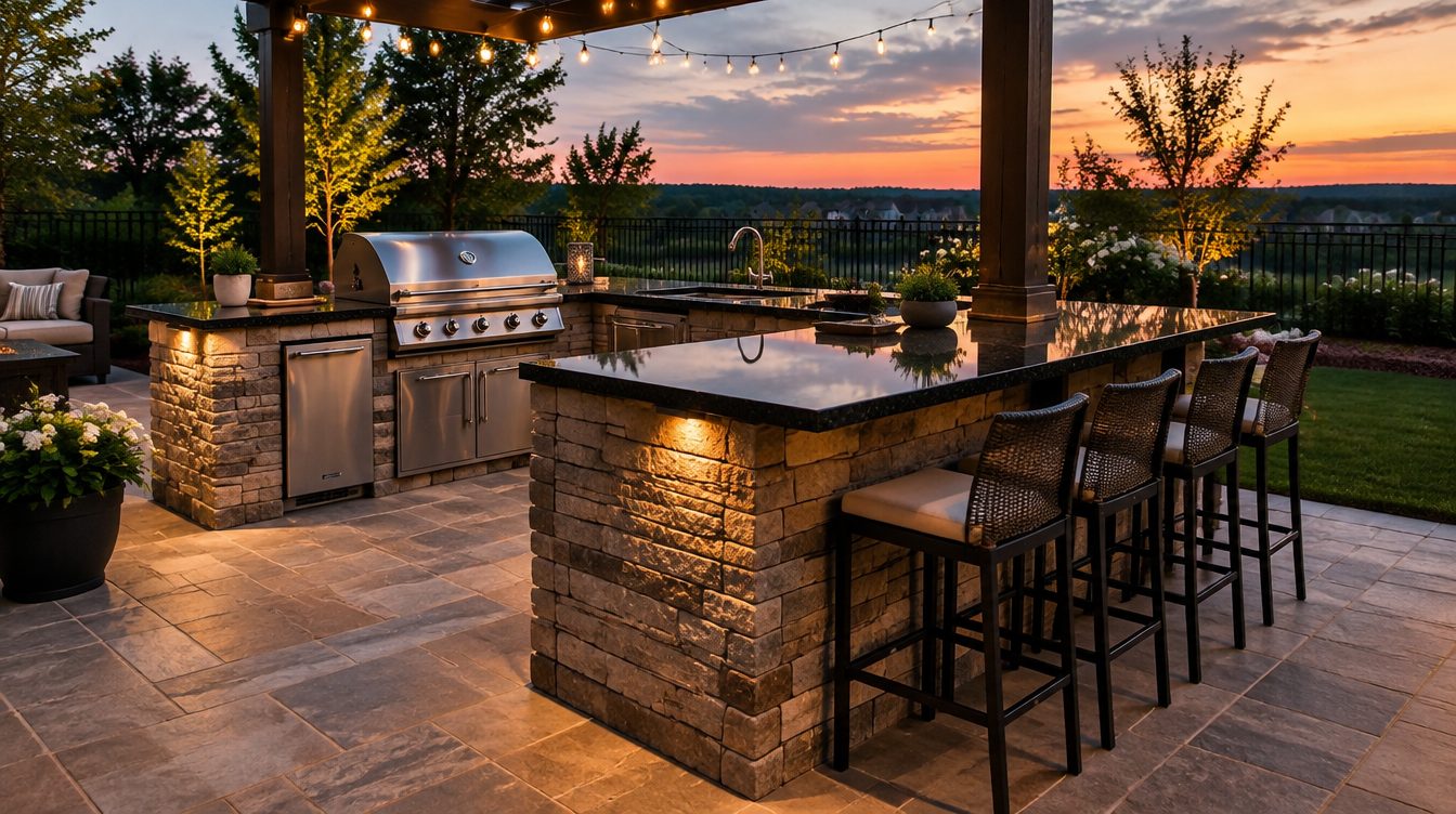 Stone-veneer outdoor kitchen island with grill and bar seating at dusk