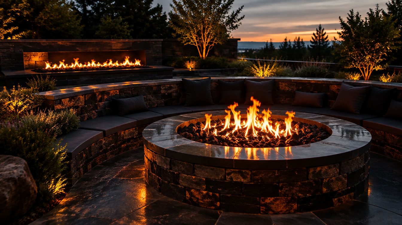 Modern stone fire feature with glowing flames at twilight
