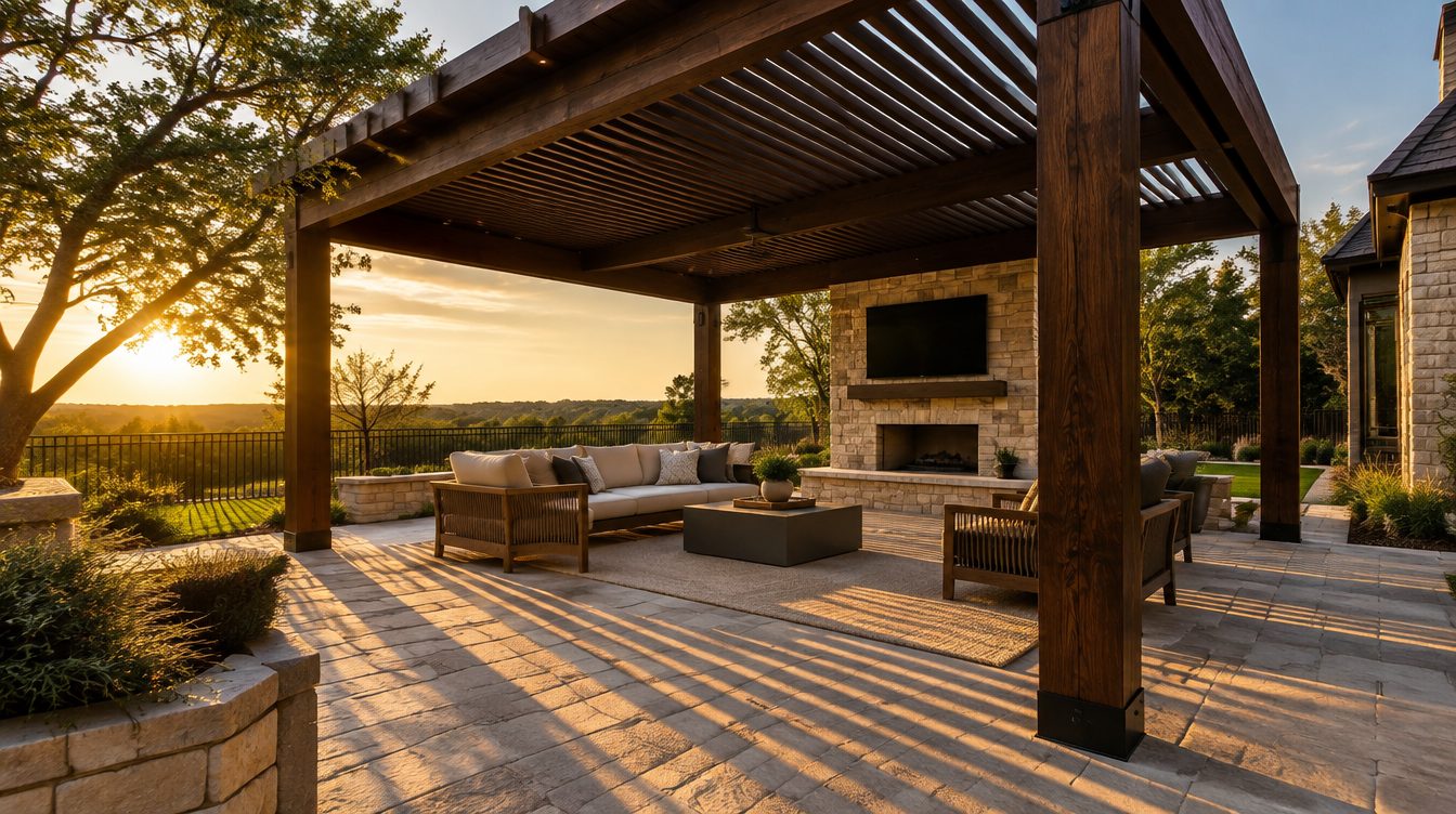 Dark cedar louvered pergola over a stone lounge patio