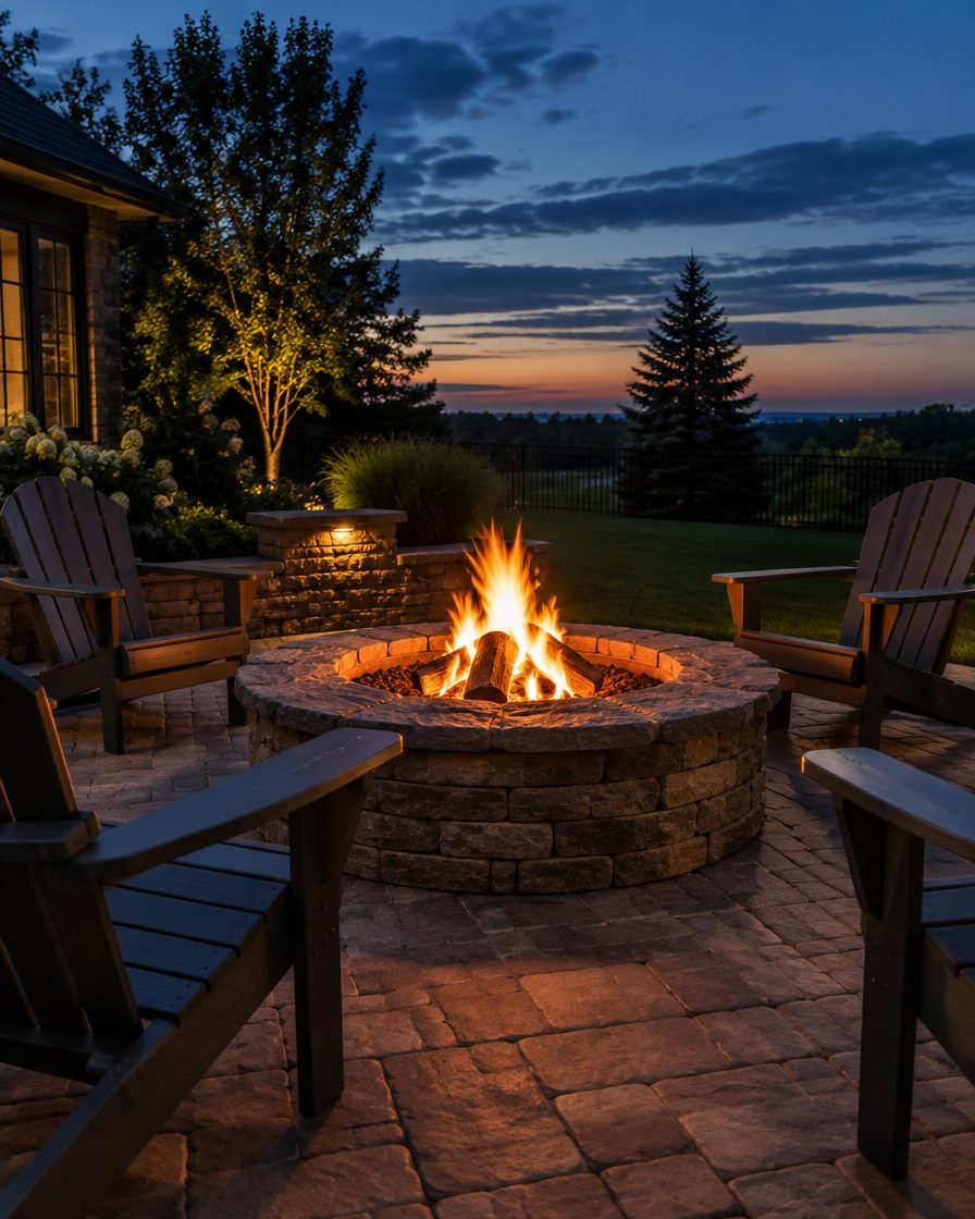 Stone fire pit with Adirondack chairs glowing at dusk