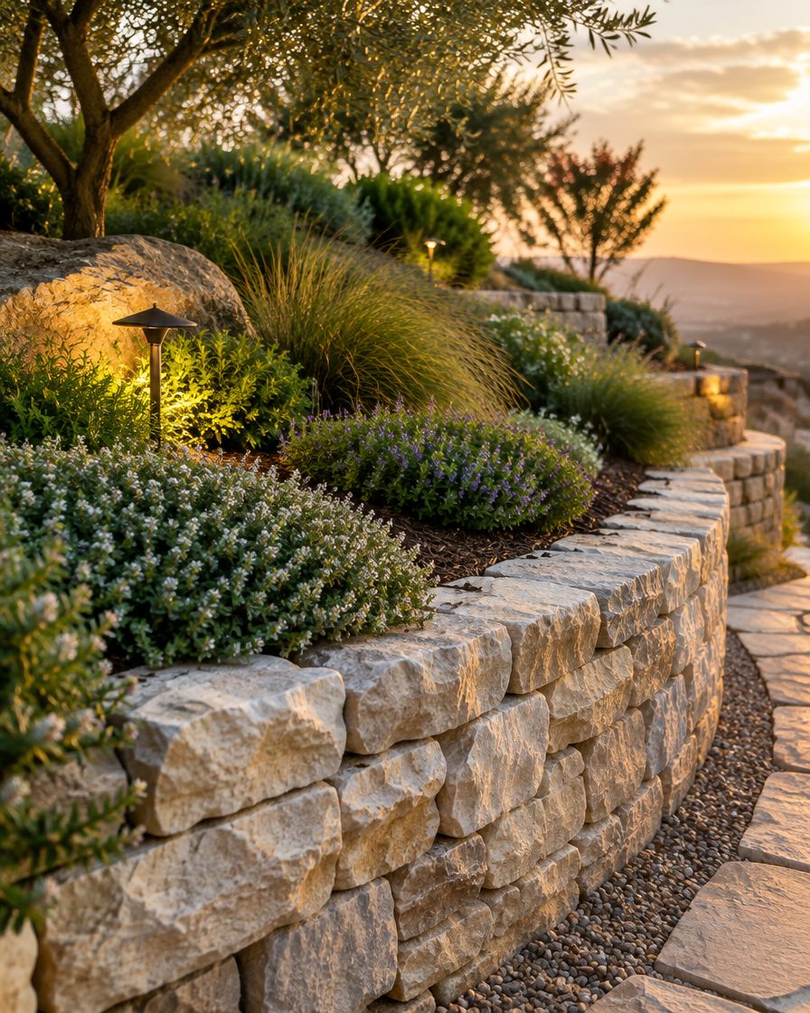 Curved stacked-stone retaining wall with layered planting