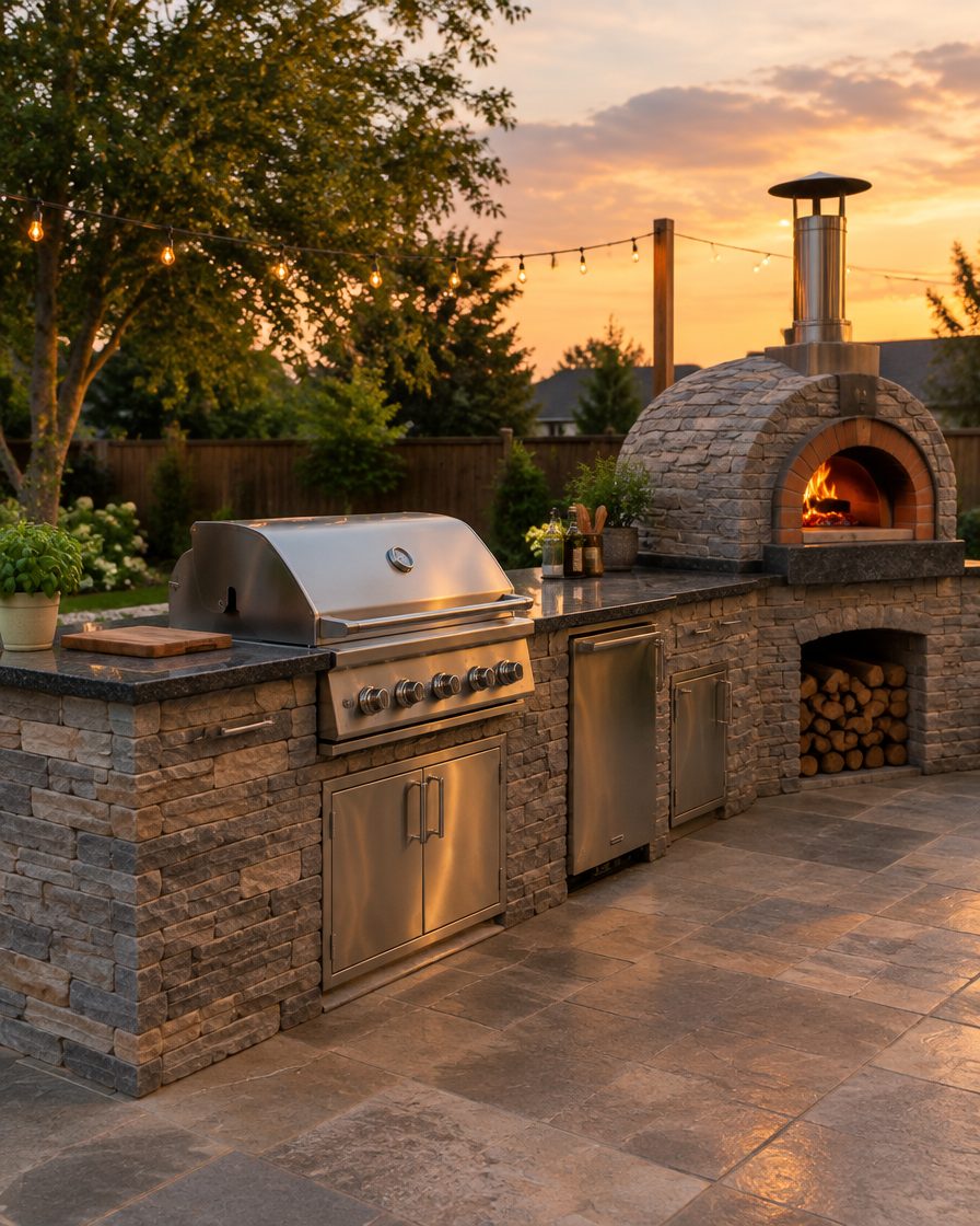 Outdoor kitchen island with built-in grill and pizza oven