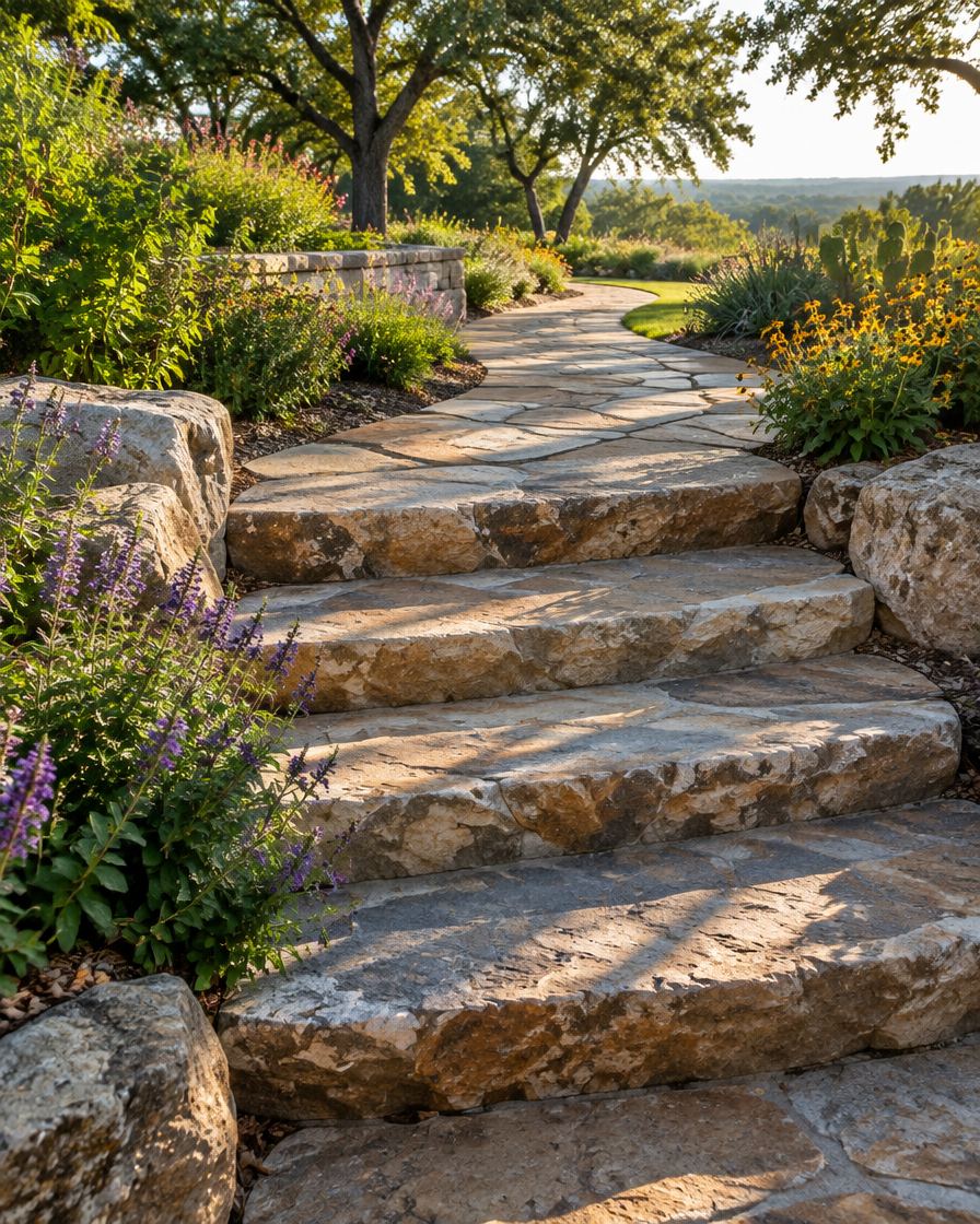 Wide natural stone steps and flagstone walkway through a garden