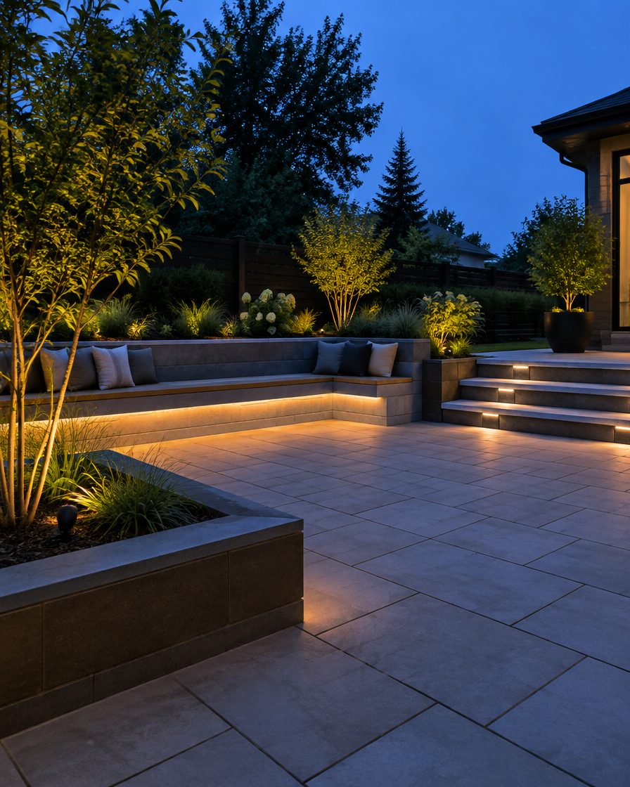 Modern paver patio with built-in bench wall and step lighting at blue hour