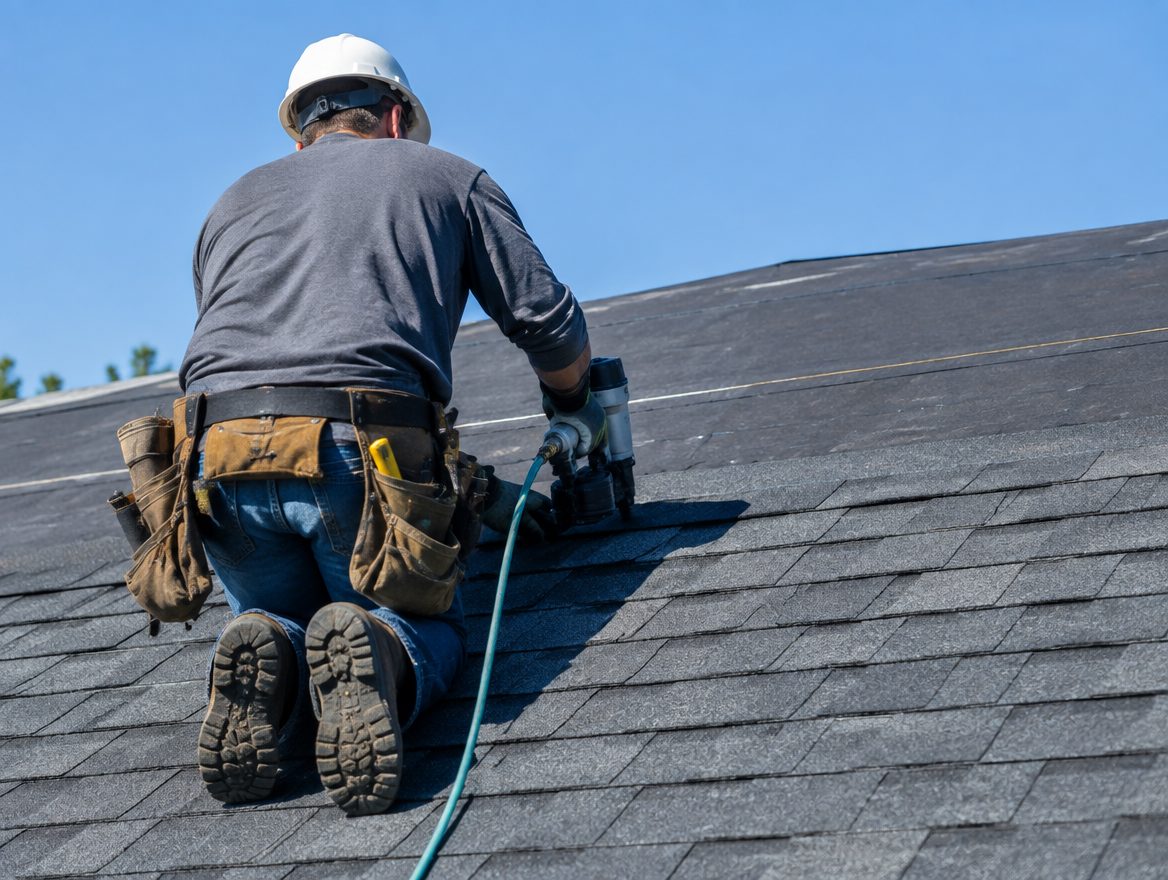 Roofer kneeling on a sunny roof laying charcoal asphalt shingles with a nail gun