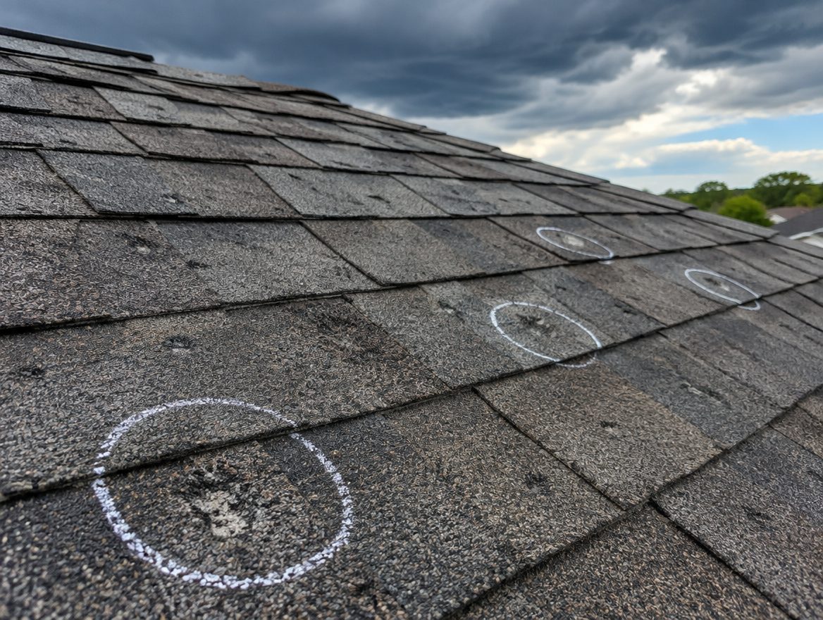 Hail-damaged shingles with chalk circles marking impact points under a stormy sky