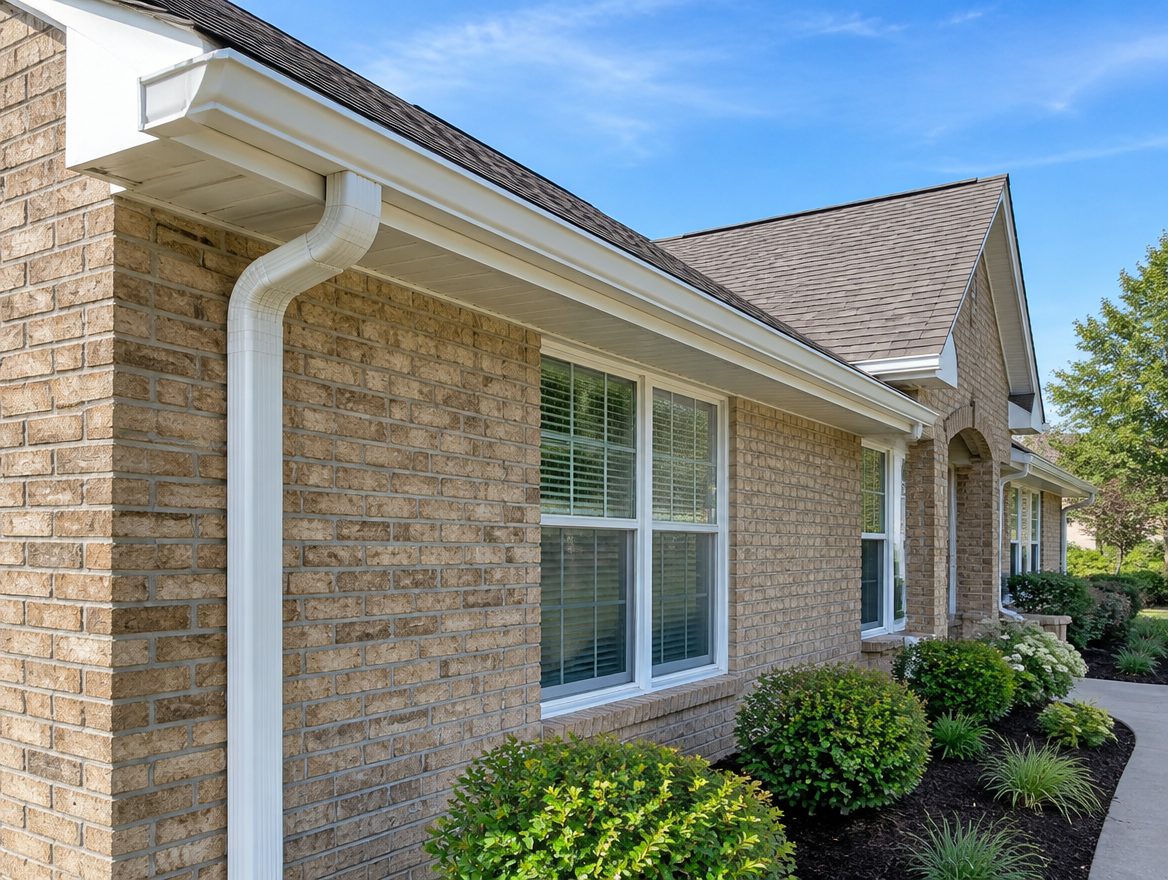 Seamless white gutter and downspout on a tan brick home