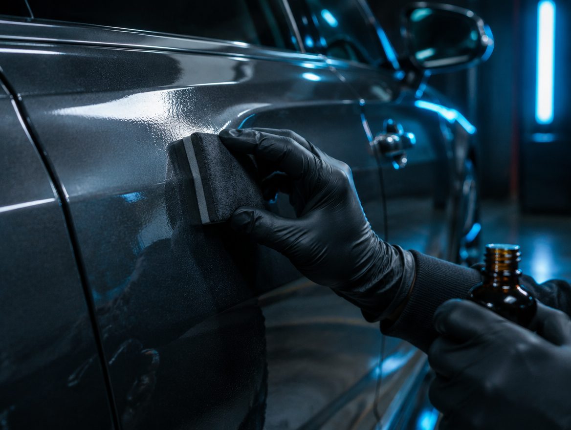 Gloved hand applying ceramic coating to a car door