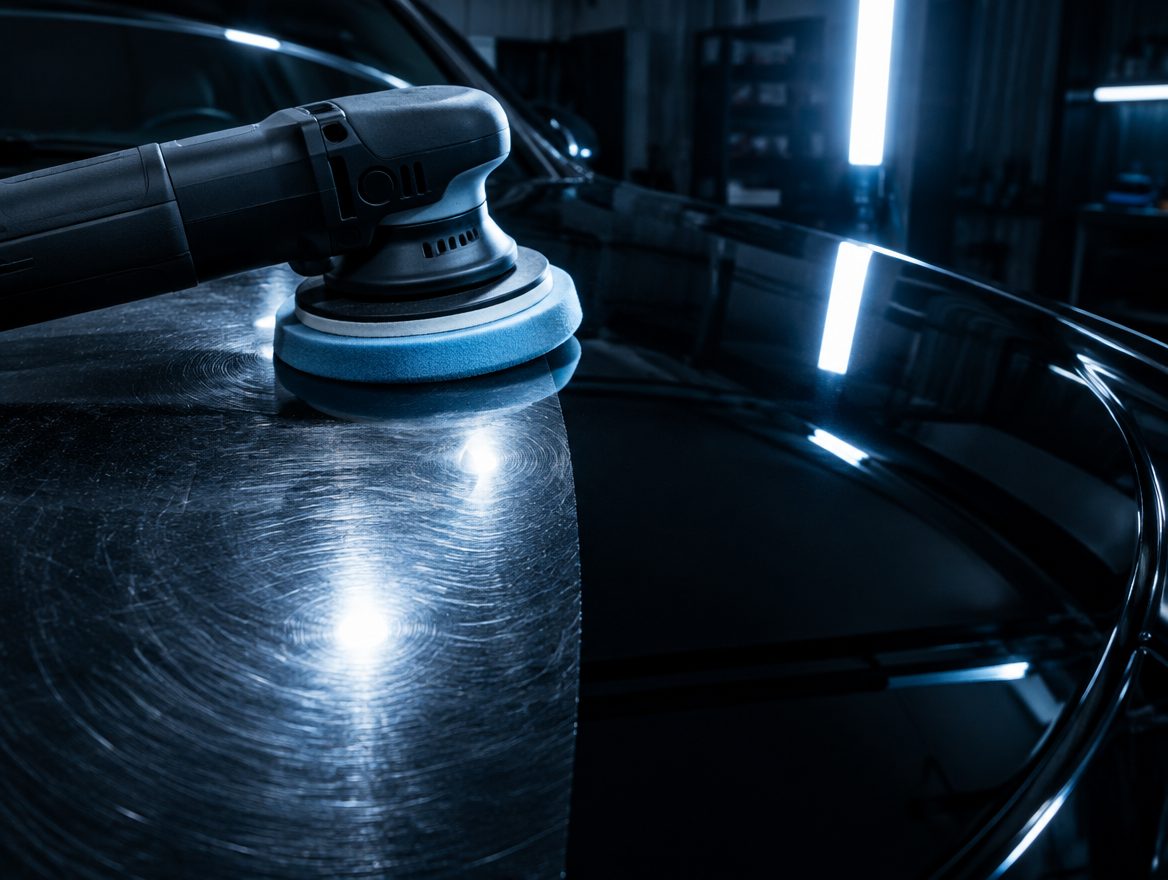 Orbital polisher removing swirl marks from black paint