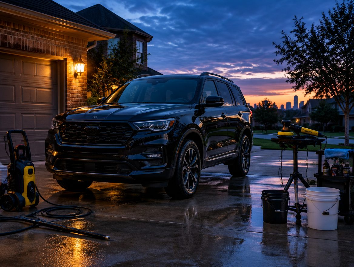 Dark SUV in a Houston driveway with a portable detailing setup at dusk