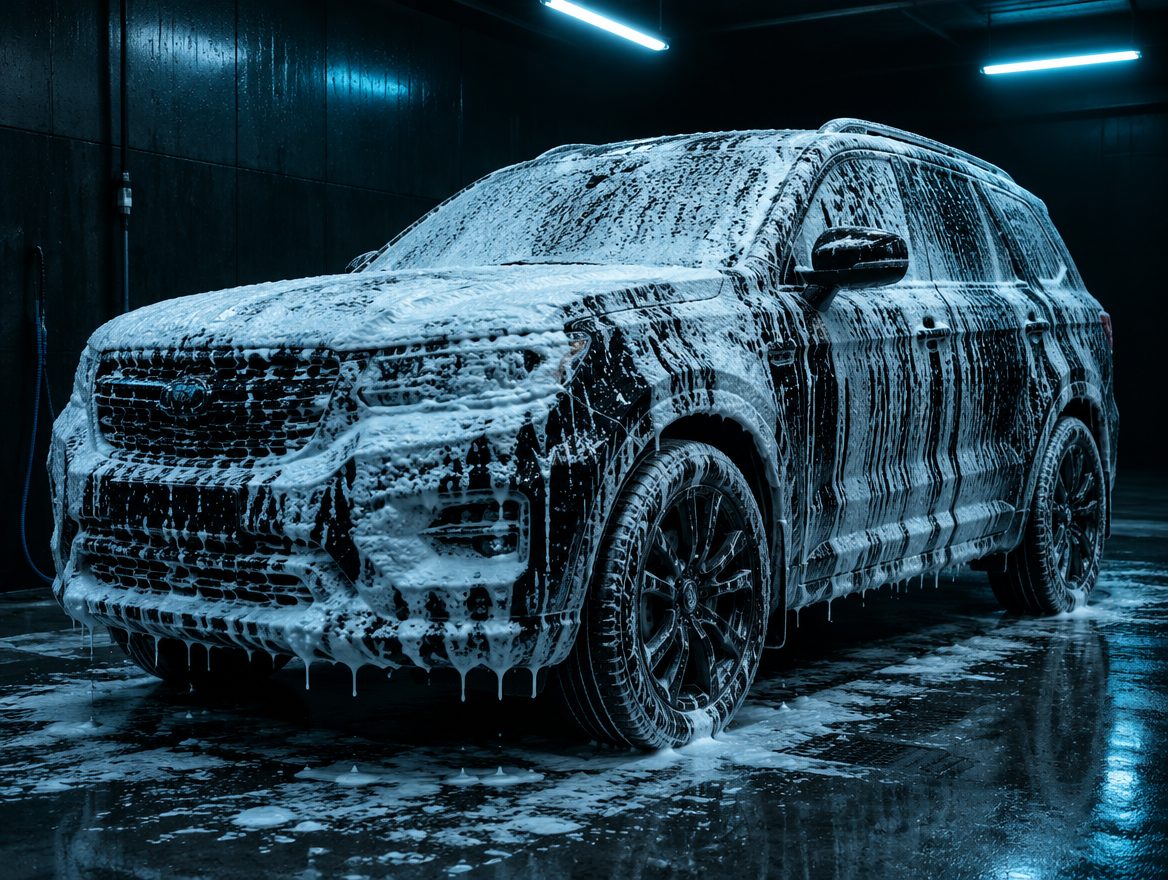 Black SUV covered in snow foam in a dark wash bay