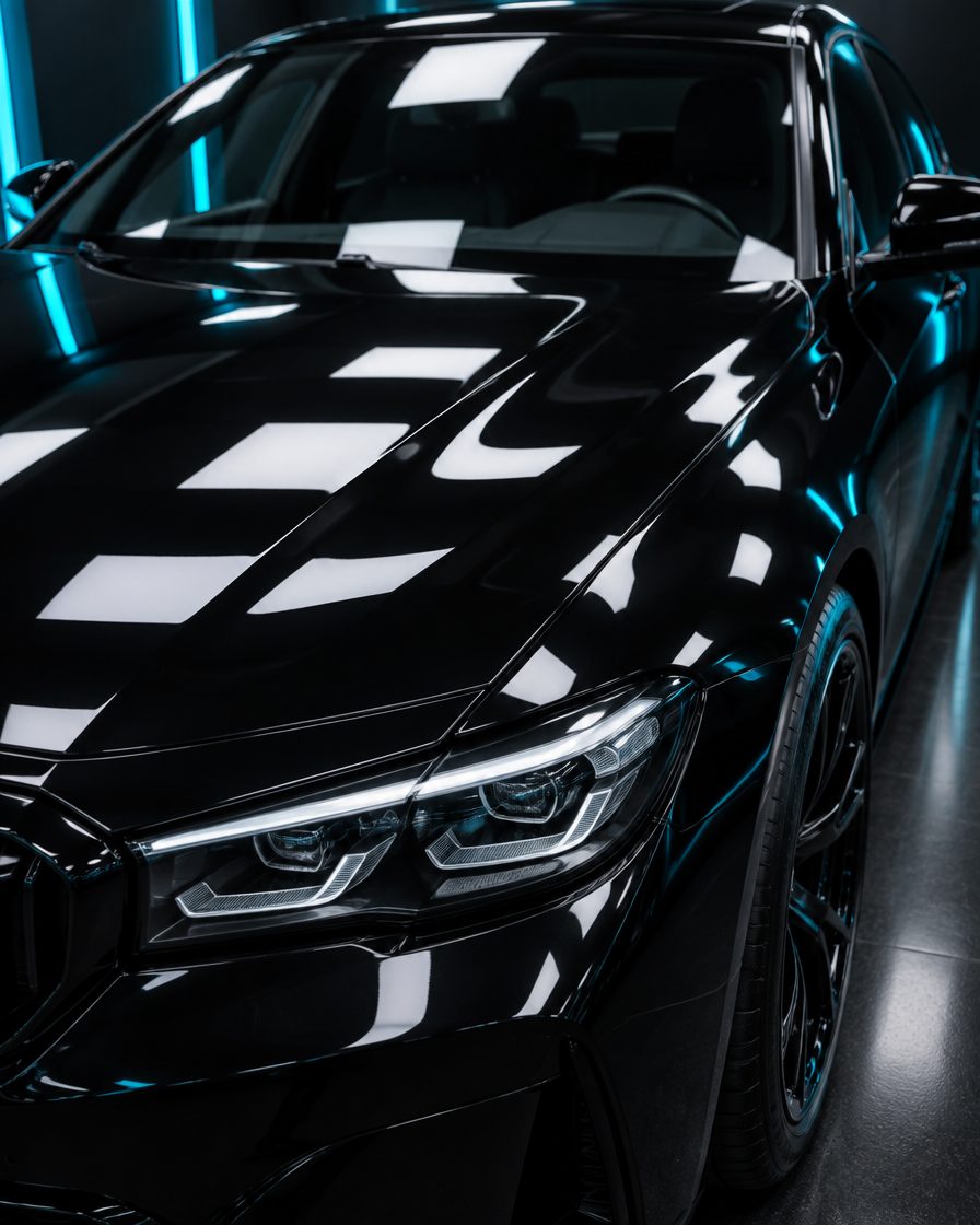 Black sedan hood after paint correction with mirror reflections