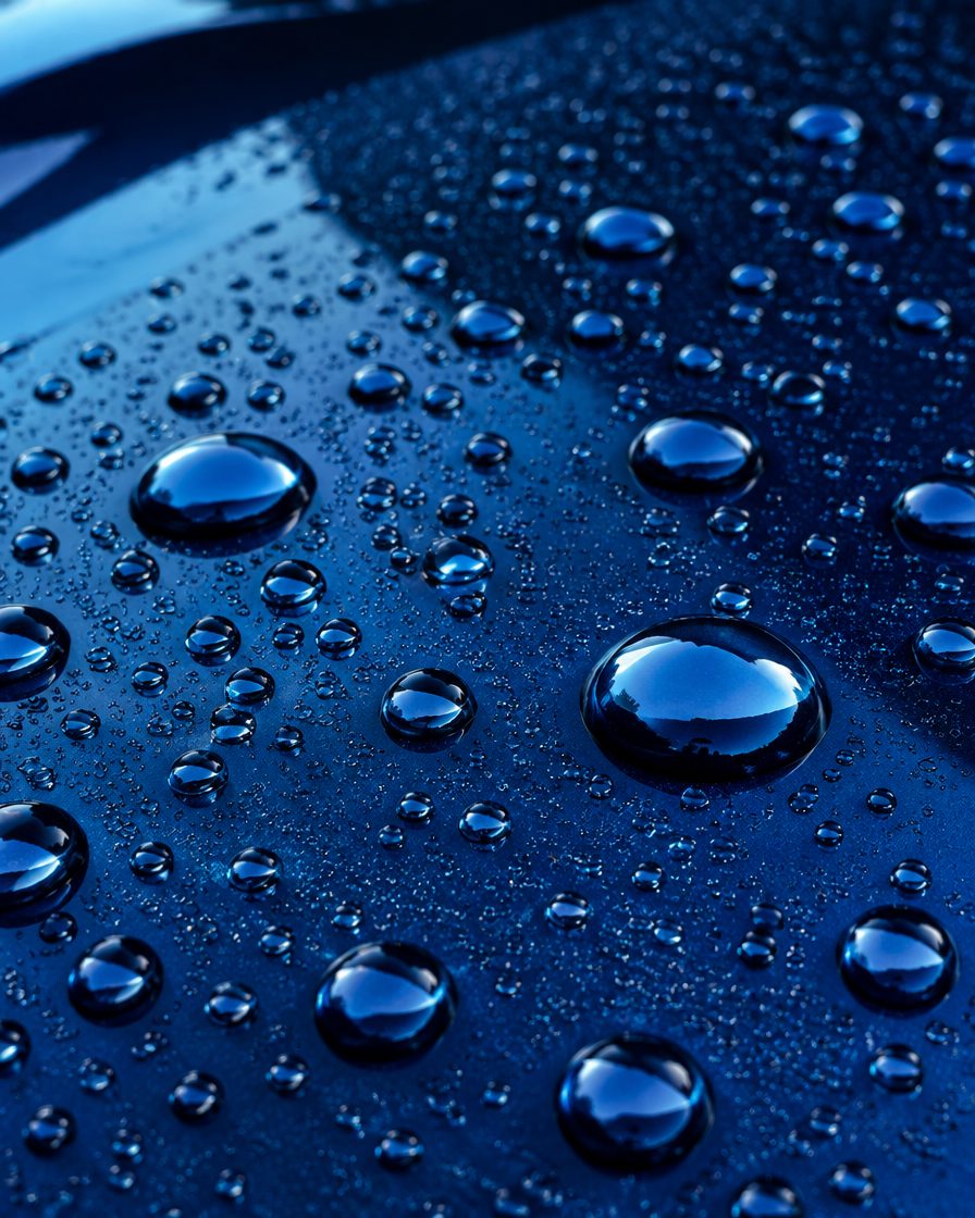 Water beading on ceramic-coated blue paint
