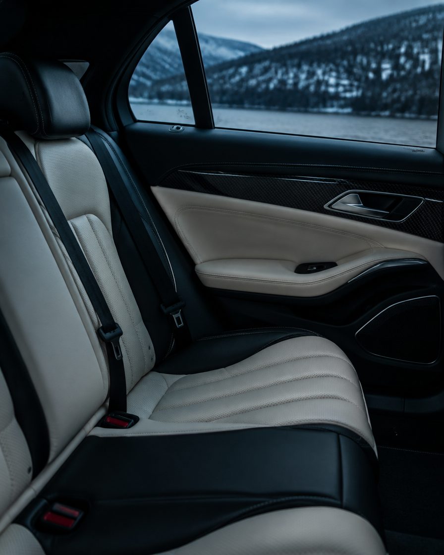 Cream and black leather rear seat after interior detail