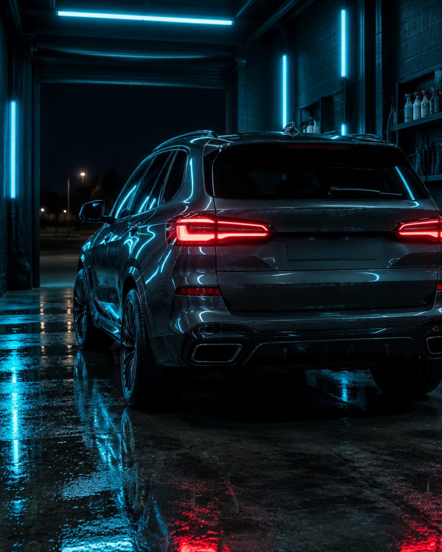 Gleaming dark SUV in a night-lit detail bay